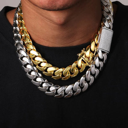 Men's Miami Cuban Link Chain Necklace White Gold Solid Iced out Hip Hop