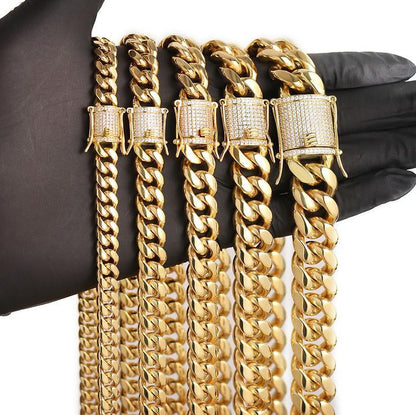 8/10/12MM 18K Gold Plated Iced Out Clasp Miami Cuban Link Chain & Bracelet Set