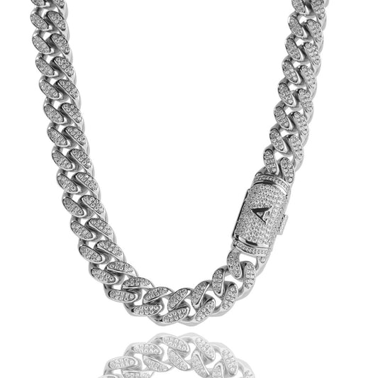 12MM White Gold Letter Iced Out Clasp Cuban Link Chain Necklace Hip Hop