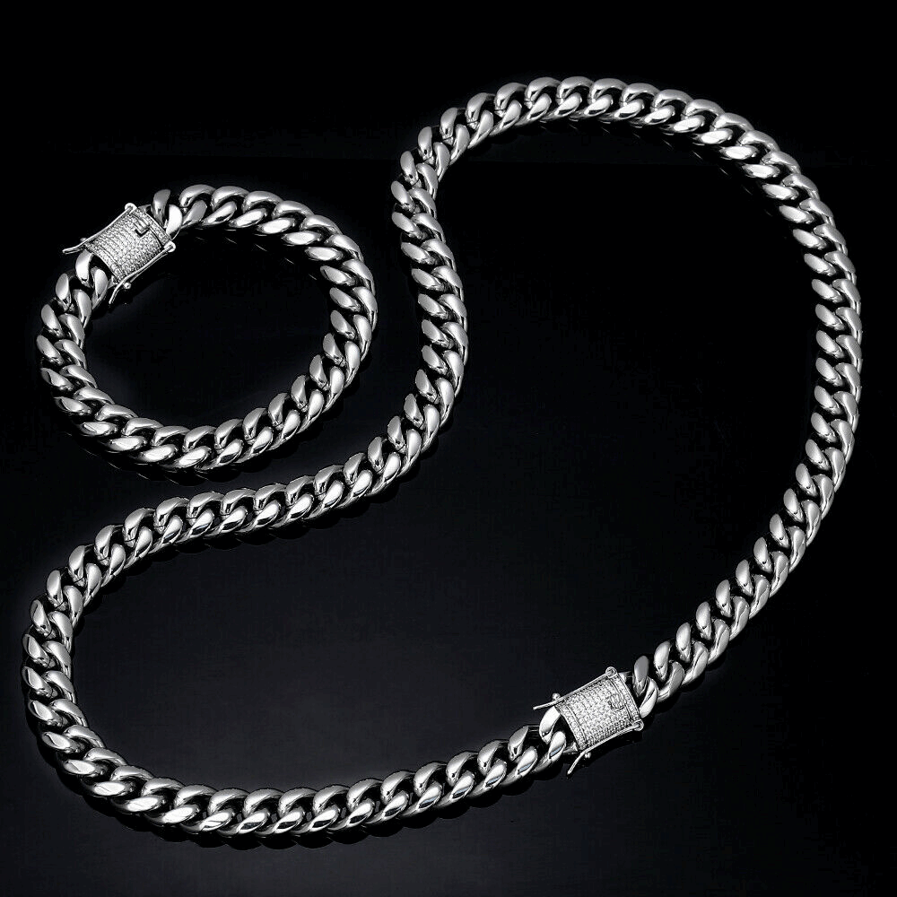 12MM White Gold Plated Iced Out Clasp Miami Cuban Link Chain And Bracelect Set