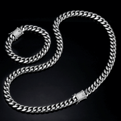 12MM White Gold Plated Iced Out Clasp Miami Cuban Link Chain And Bracelect Set