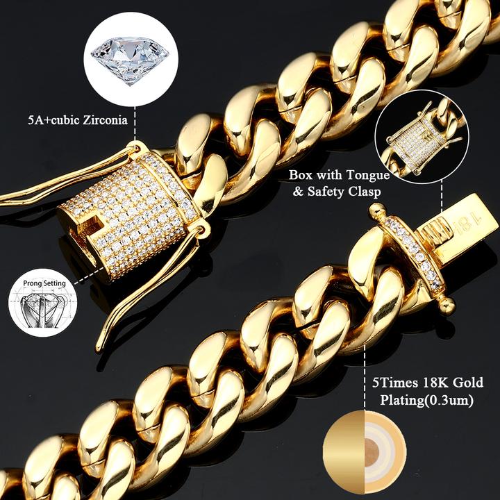 8/10/12MM 18K Gold Plated Iced Out Clasp Miami Cuban Link Chain & Bracelet Set