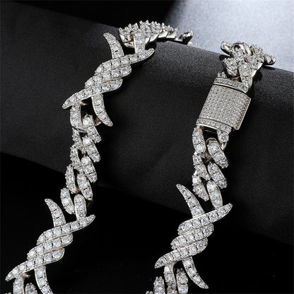 Iced Out Cuban Link Chain White Gold Plated Barb Wire Necklace 18MM