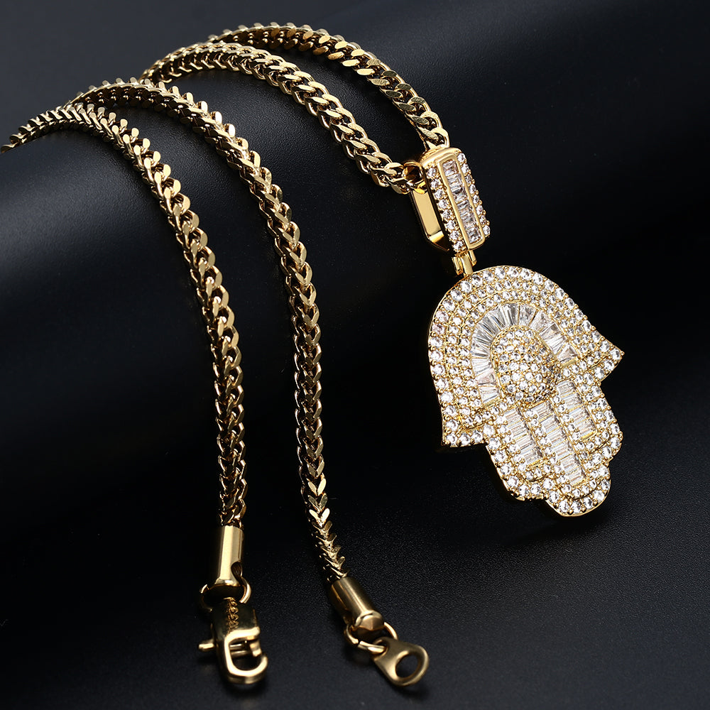 18K Gold Baguette Iced Out Hamsa Hand Pendant Hip Hop