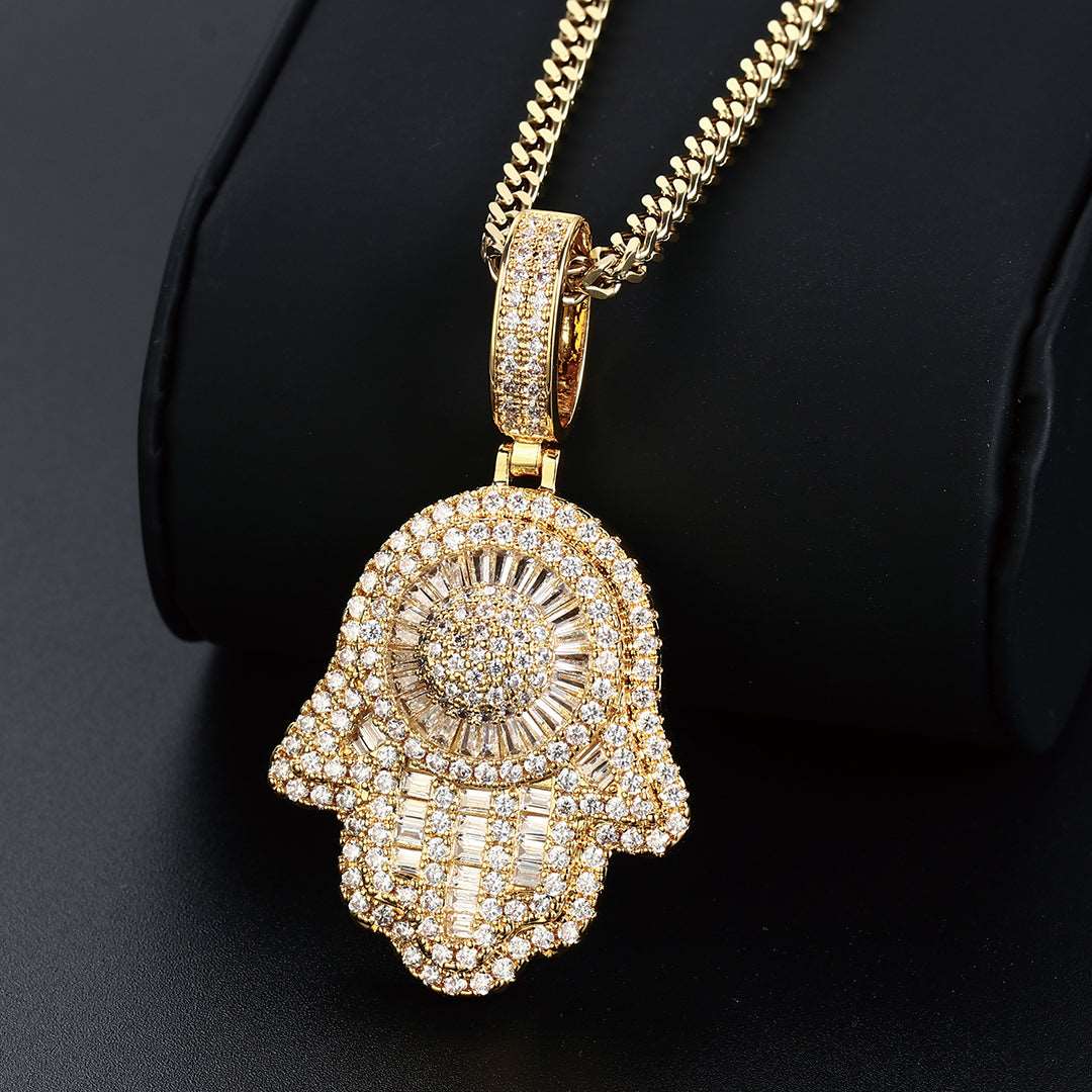 18K Gold Baguette Iced Out Hamsa Hand Pendant