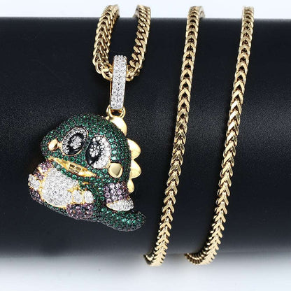 18K Gold Iced Out Dinosaur Pendant