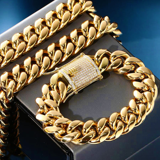 18K Gold Plated Iced Out Clasp Miami Cuban Link Chain Necklace & Bracelet Set Big Size 14MM 16MM 18MM