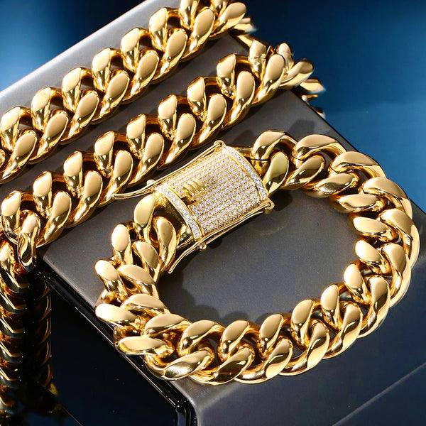 8/10/12MM 18K Gold Plated Iced Out  Clasp Miami Cuban Link Chain And Bracelet Set