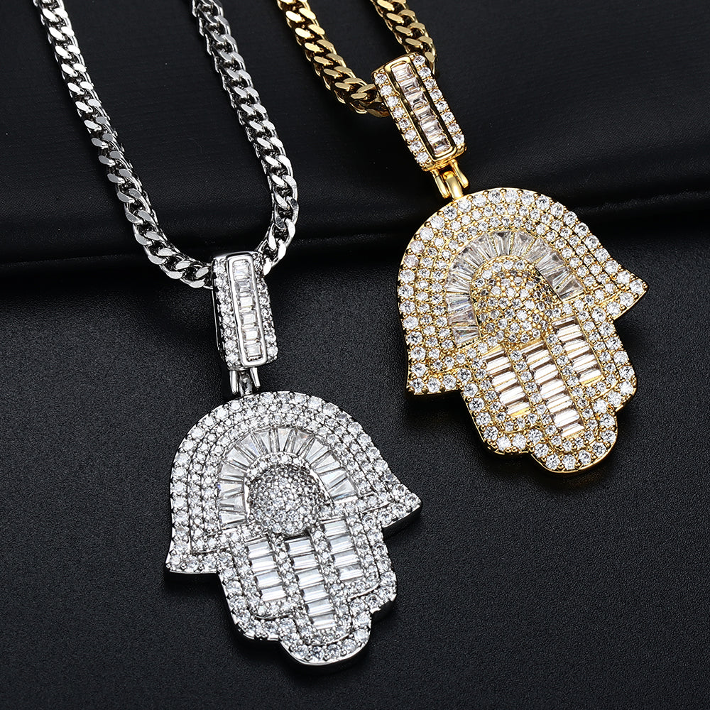 18K Gold Baguette Iced Out Hamsa Hand Pendant Hip Hop