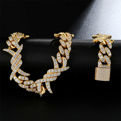 Iced Out Cuban Link Necklace For Men 18K Gold Plated Barb Wire Hip Hop
