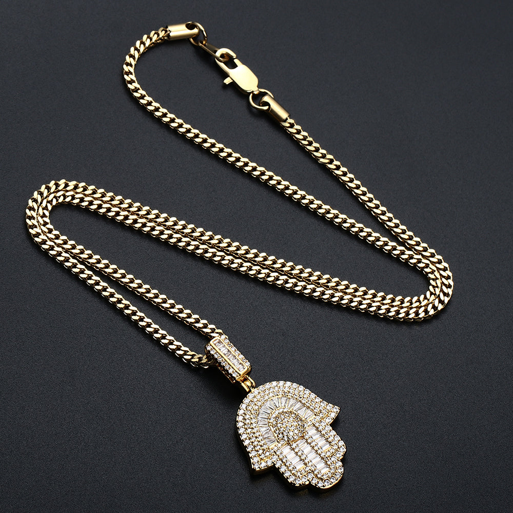 18K Gold Baguette Iced Out Hamsa Hand Pendant Hip Hop