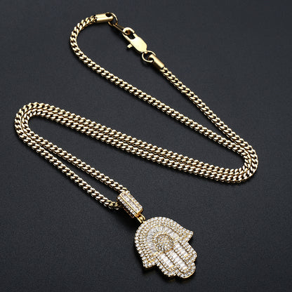 18K Gold Baguette Iced Out Hamsa Hand Pendant Hip Hop