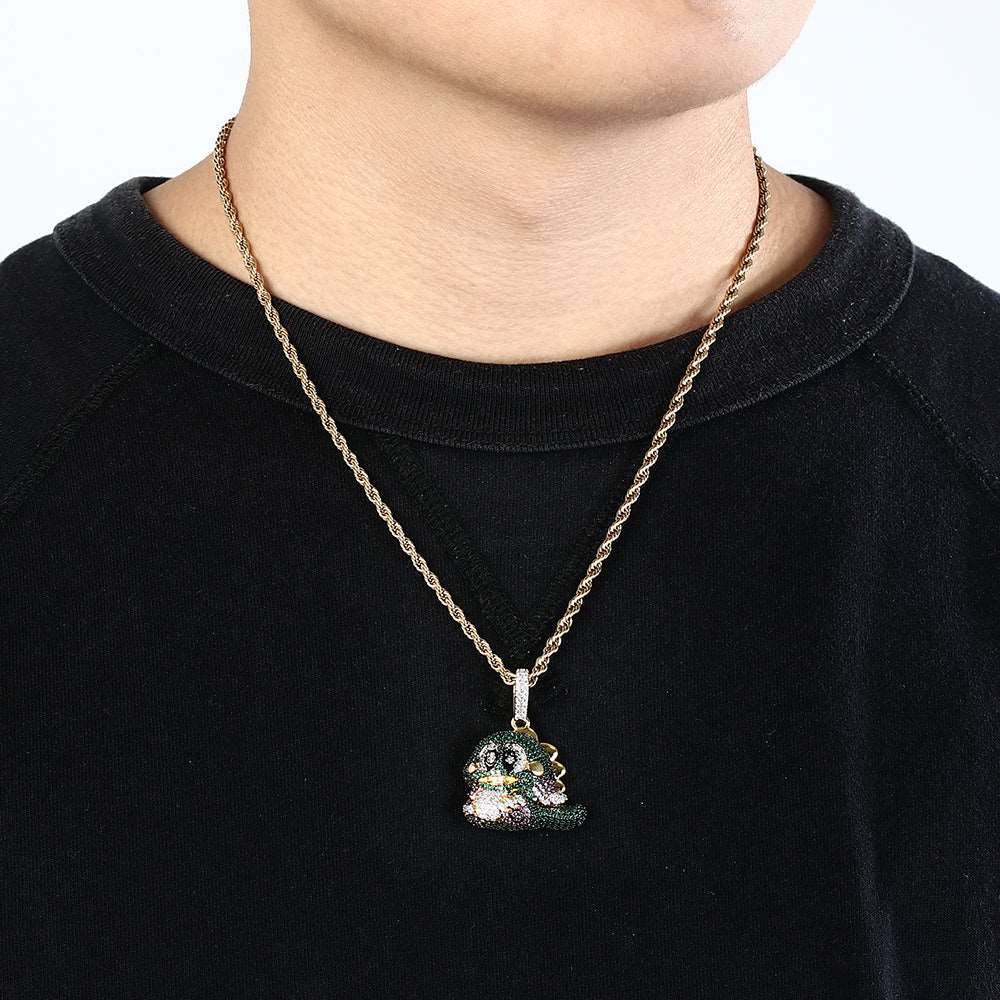 18K Gold Iced Out Dinosaur Pendant