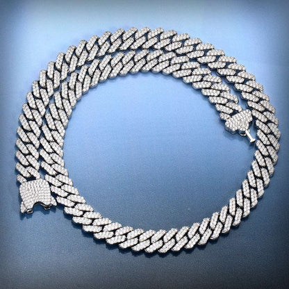 12MM White Gold Plated New button Iced Out Cuban Link Chain