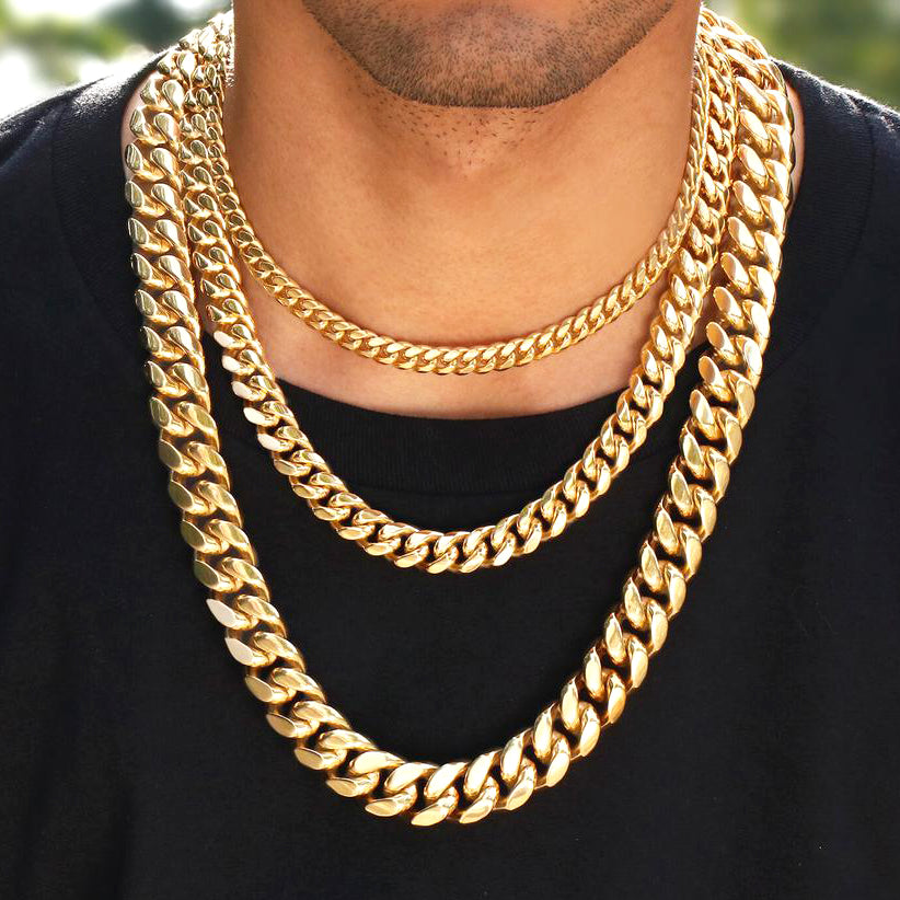 8/10/12MM 18K Gold Plated Iced Out Clasp Miami Cuban Link Chain & Bracelet Set