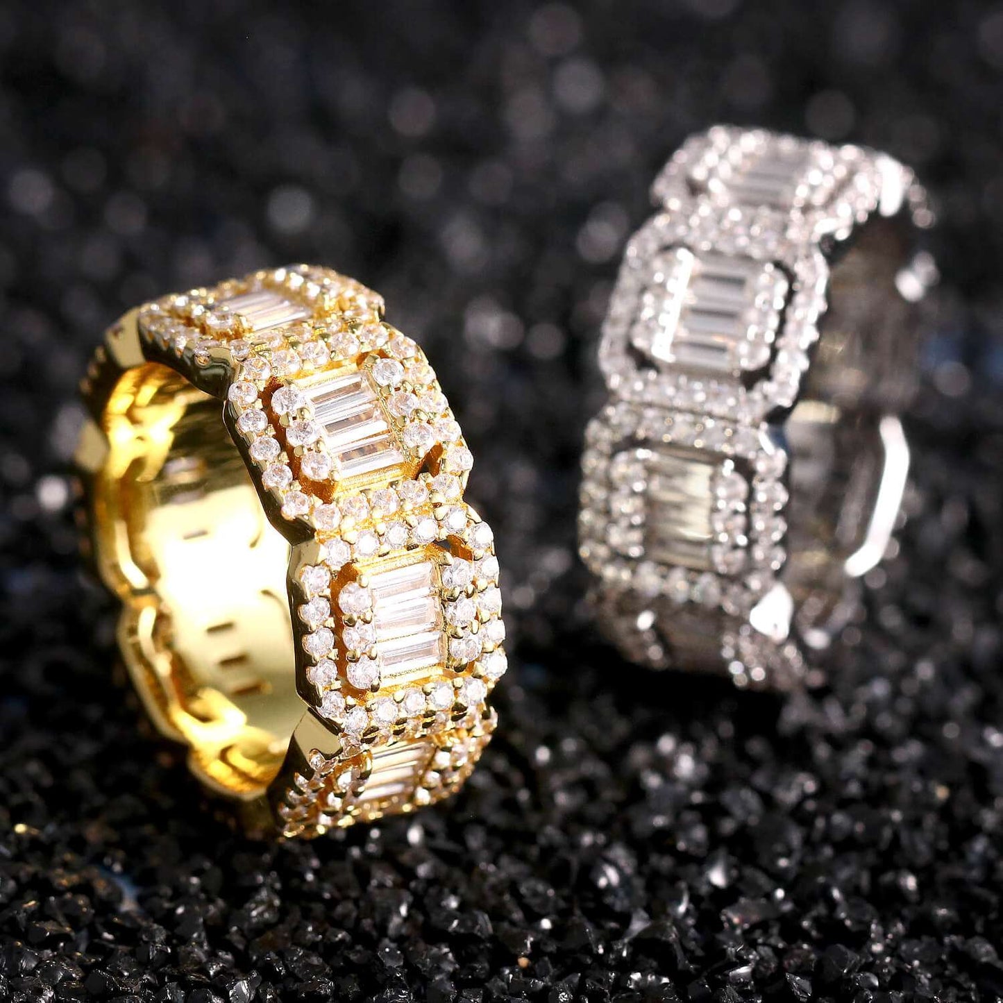 18k Gold Iced Out Four Claws Baguette Ring