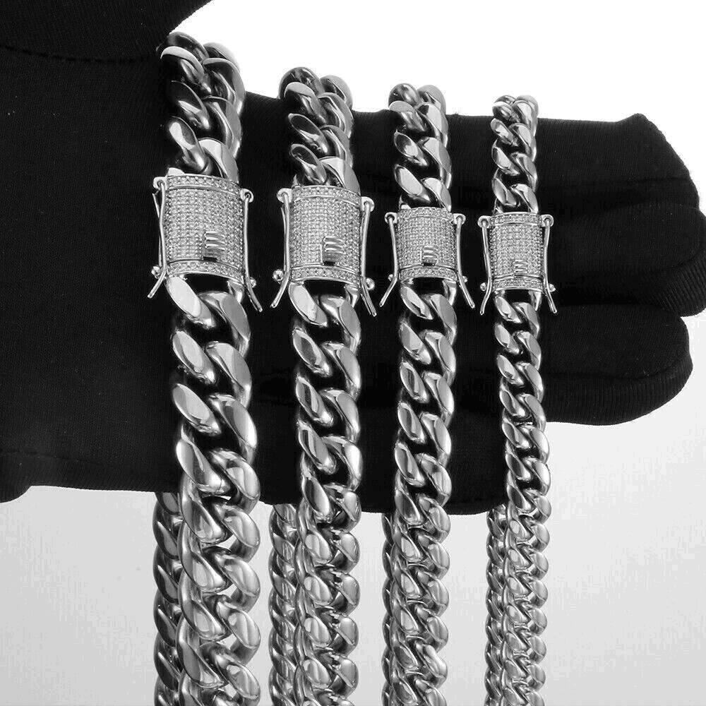 12MM White Gold Plated Iced Out Clasp Miami Cuban Link Chain And Bracelect Set