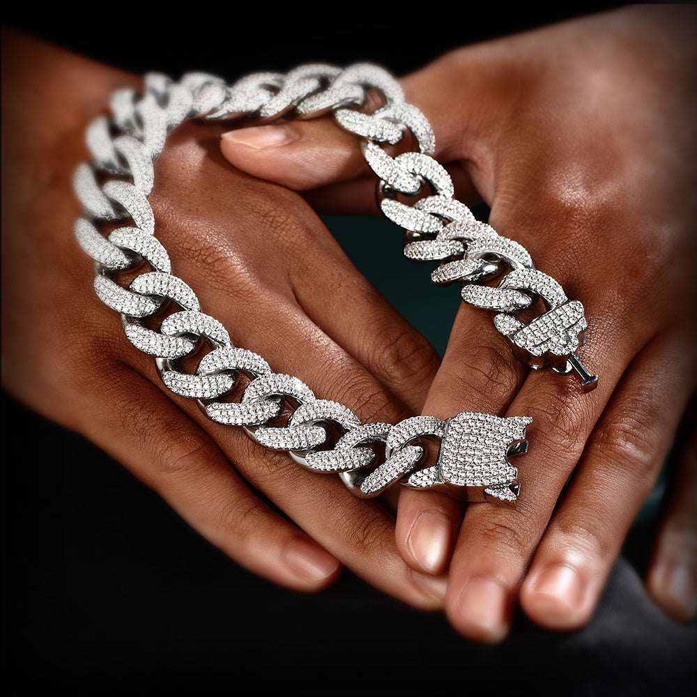 12MM White Gold Plated New button Iced Out Cuban Link Chain