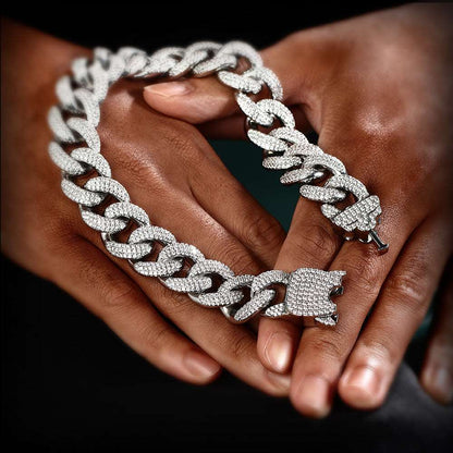 12MM White Gold Plated New button Iced Out Cuban Link Chain