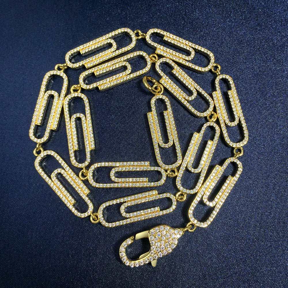 14K/White Gold Plated Iced Out Paper Clip Link Chain