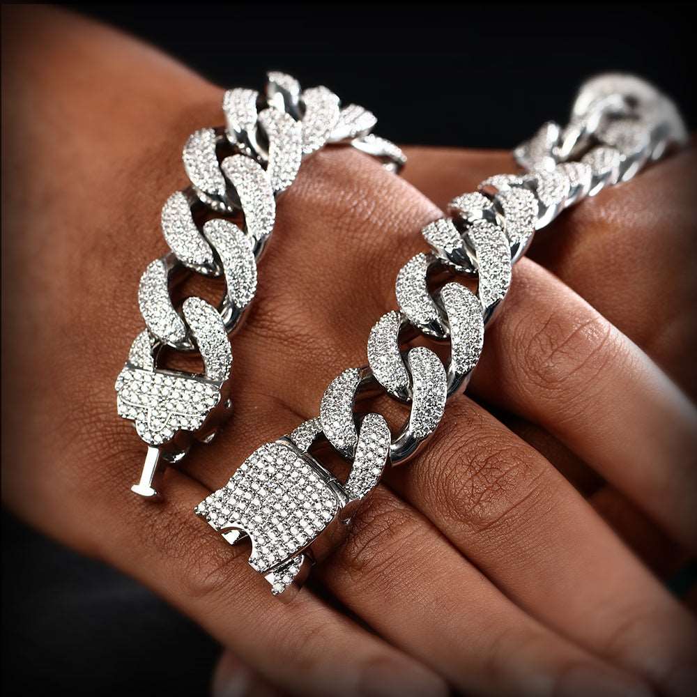 12MM White Gold Plated New button Iced Out Cuban Link Chain