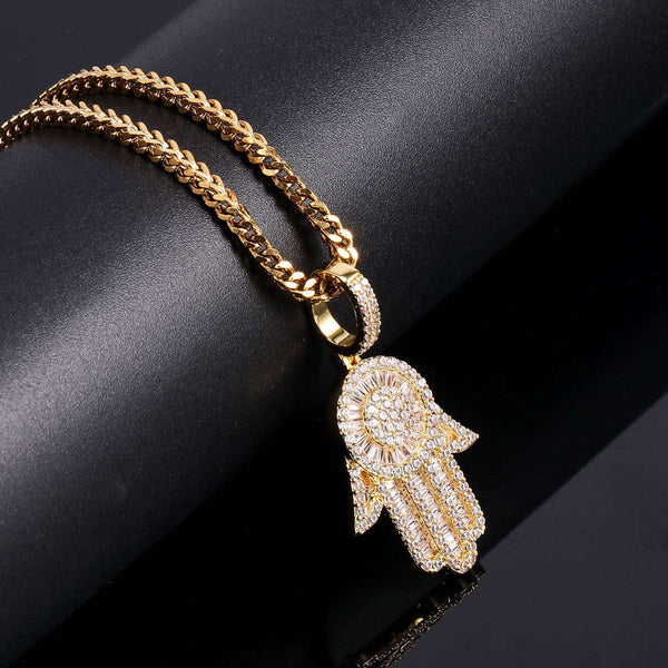 18K Gold Baguette Iced Out Hamsa Hand Pendant