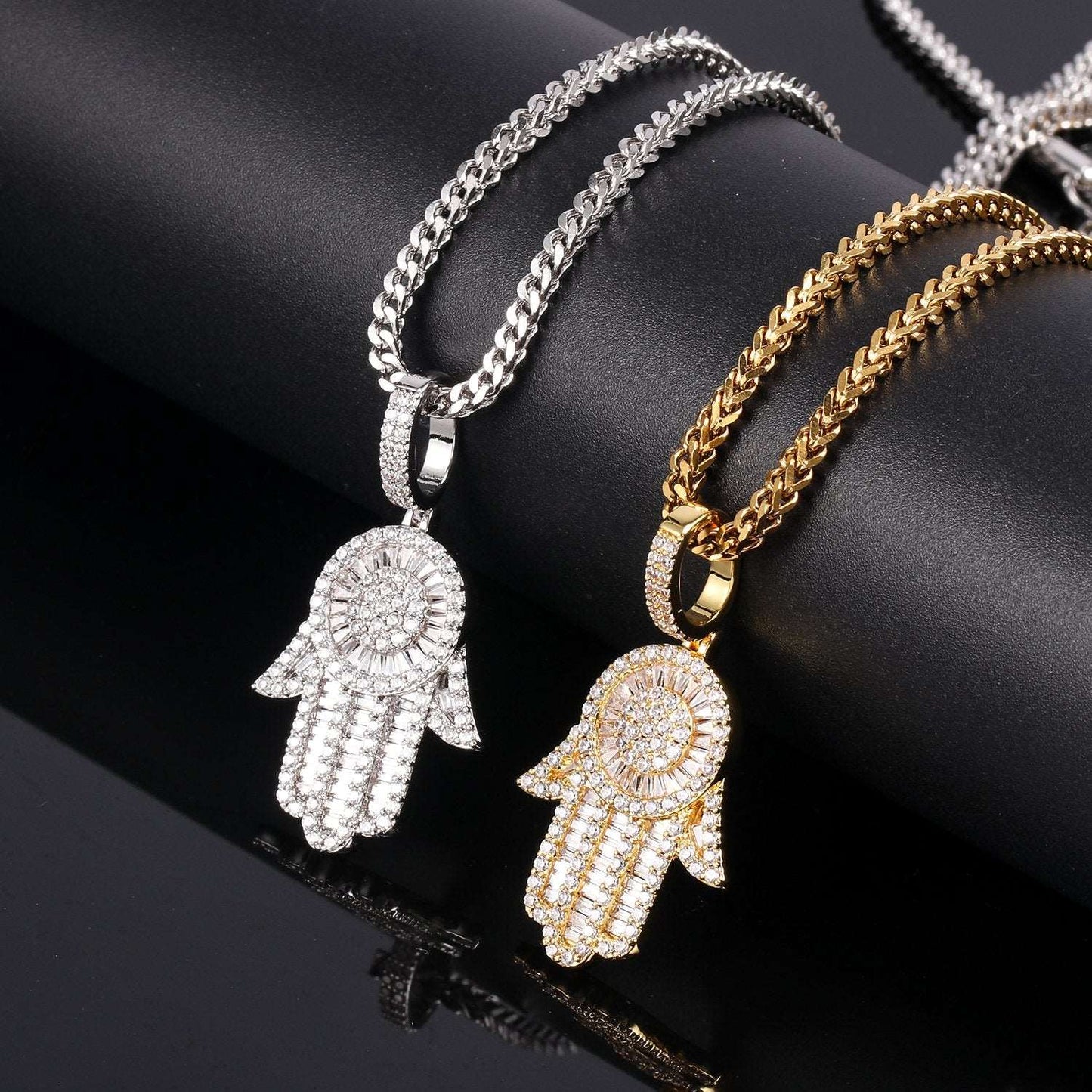 18K Gold Baguette Iced Out Hamsa Hand Pendant
