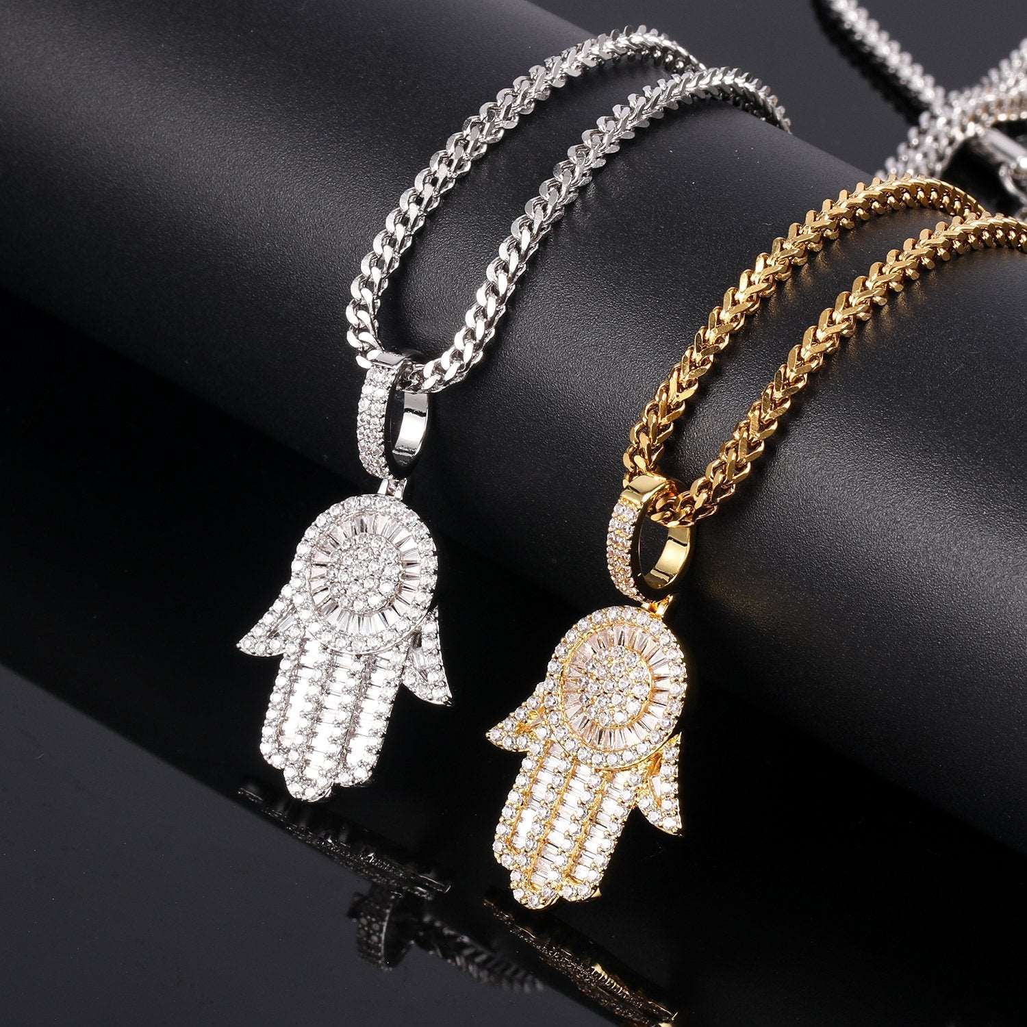 18K Gold Baguette Iced Out Hamsa Hand Pendant