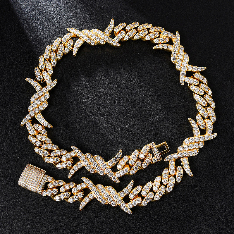 Iced Out Cuban Link Necklace For Men 18K Gold Plated Barb Wire Hip Hop