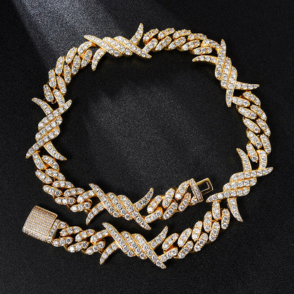 Iced Out Cuban Link Necklace For Men 18K Gold Plated Barb Wire Hip Hop