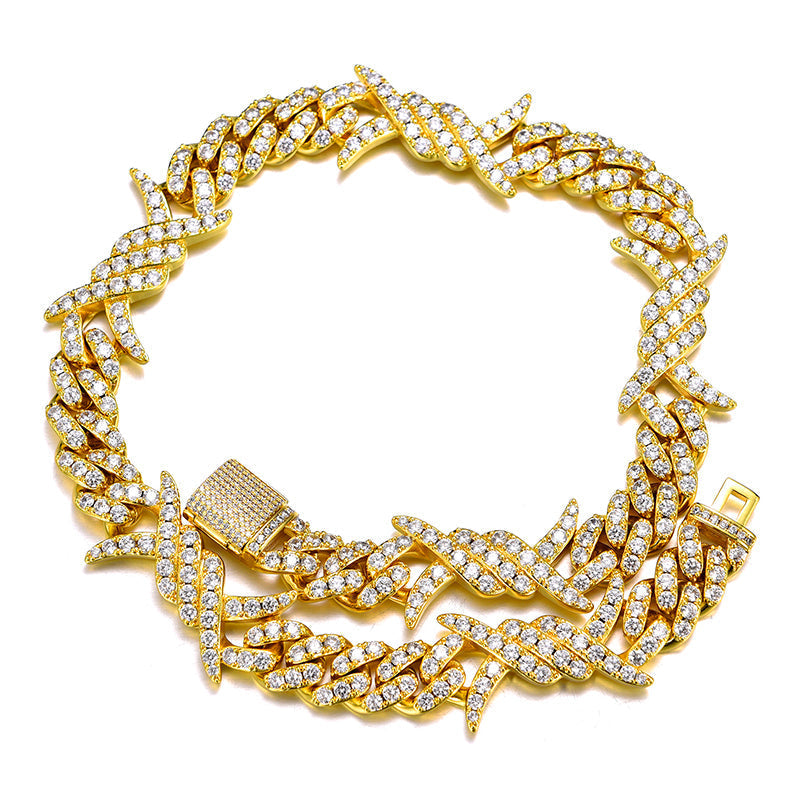 Iced Out Cuban Link Necklace For Men 18K Gold Plated Barb Wire Hip Hop