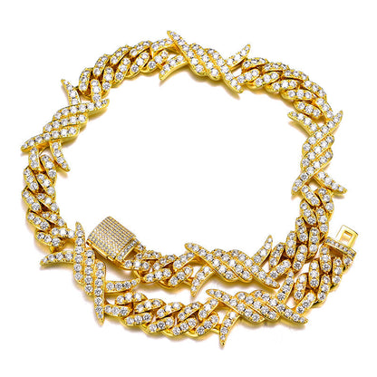 Iced Out Cuban Link Necklace For Men 18K Gold Plated Barb Wire Hip Hop