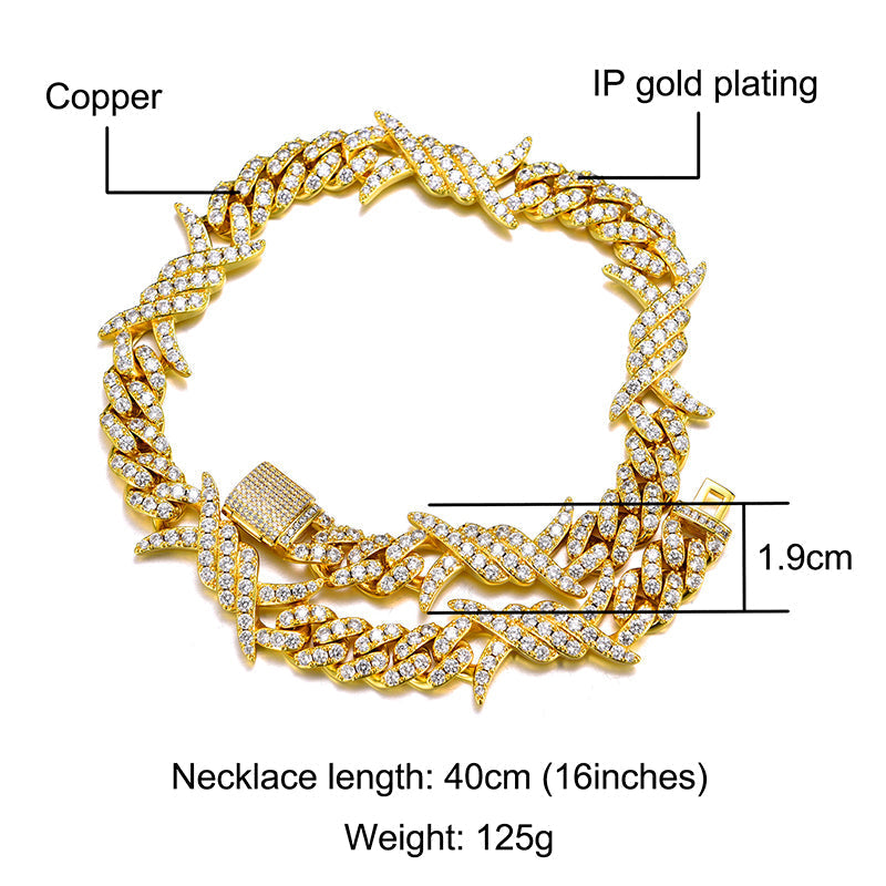 Iced Out Cuban Link Necklace For Men 18K Gold Plated Barb Wire Hip Hop