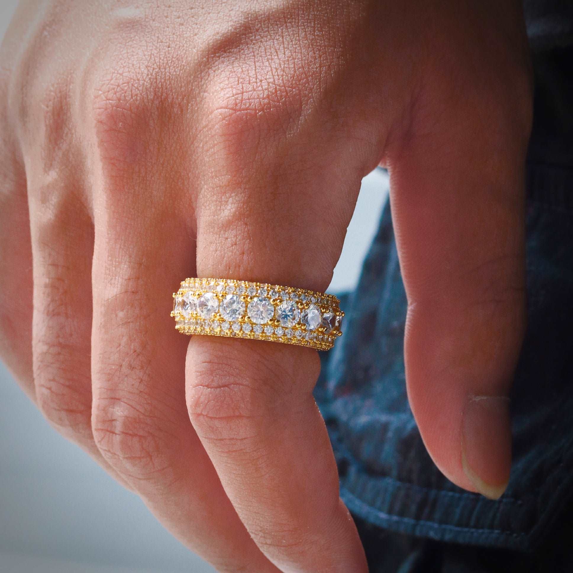 18K Gold Iced Out White Stone Hip Hop Ring