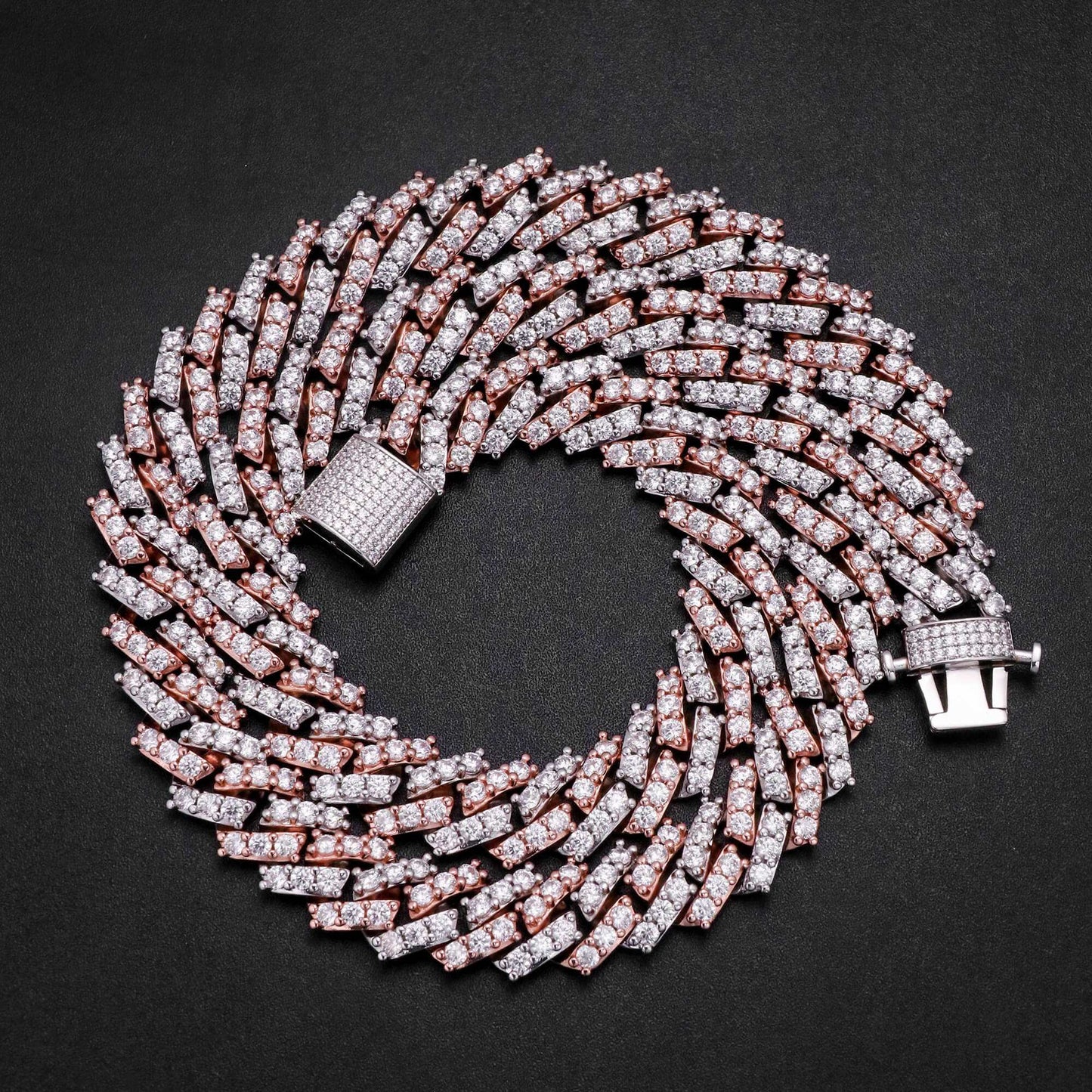 15MM 2 Tone Gold Plated Simulated Iced Out S Link Prong Chain