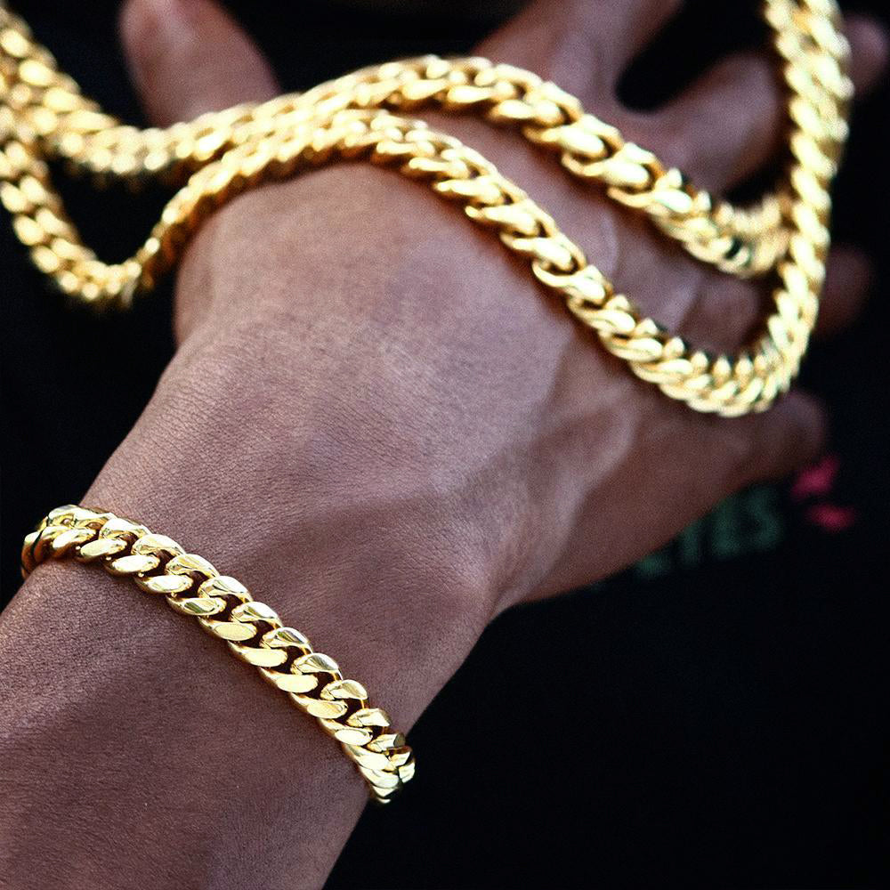 8MM 18K Gold Plated Iced Out Clasp Miami Cuban Link Chain And Bracelet Set