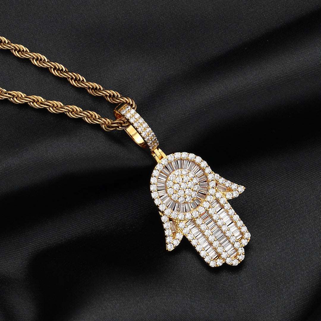 18K Gold Baguette Iced Out Hamsa Hand Pendant