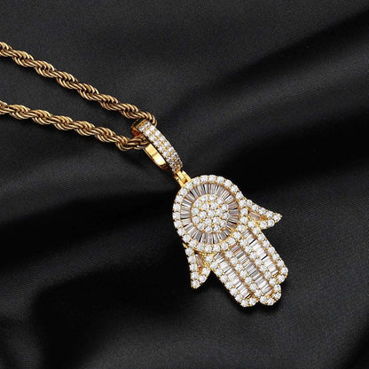 18K Gold Baguette Iced Out Hamsa Hand Pendant