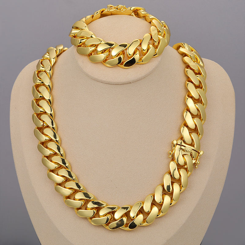 Hip Hop Gold Plated Heavy Solid Miami Cuban Link Chain Necklace & Bracelet Set