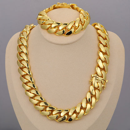 Hip Hop Gold Plated Heavy Solid Miami Cuban Link Chain Necklace & Bracelet Set
