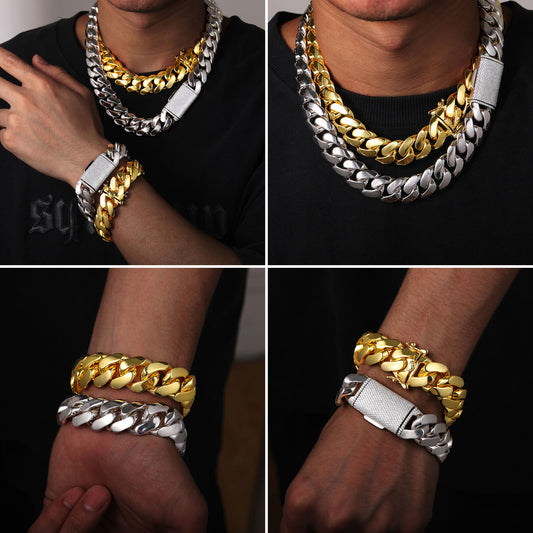 Hip Hop Gold Plated Heavy Solid Miami Cuban Link Chain Necklace & Bracelet Set
