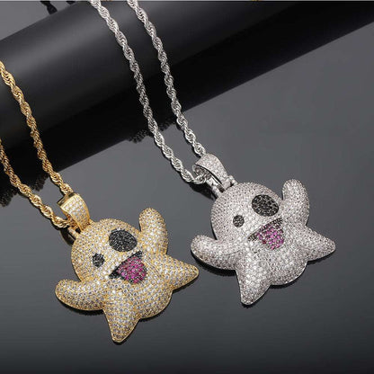 18k Gold Iced Ghost Emoji Pendant