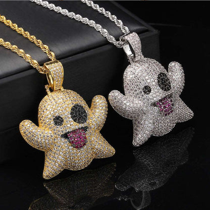 18k Gold Iced Ghost Emoji Pendant