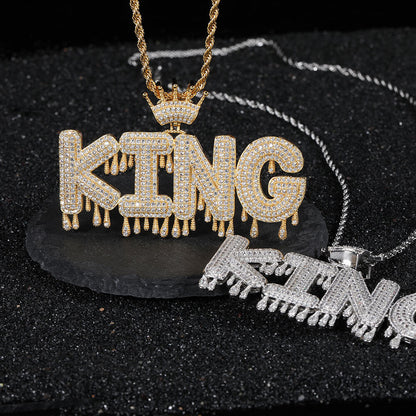 Iced Out CZ Crown Drop Letter Custom Pendant Real 14K Gold Plated