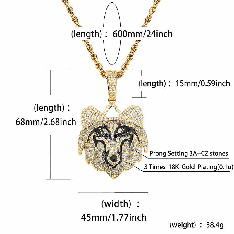 18K Gold Iced Wolf Pendant