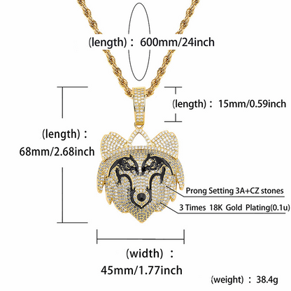 18K Gold Iced Wolf Pendant