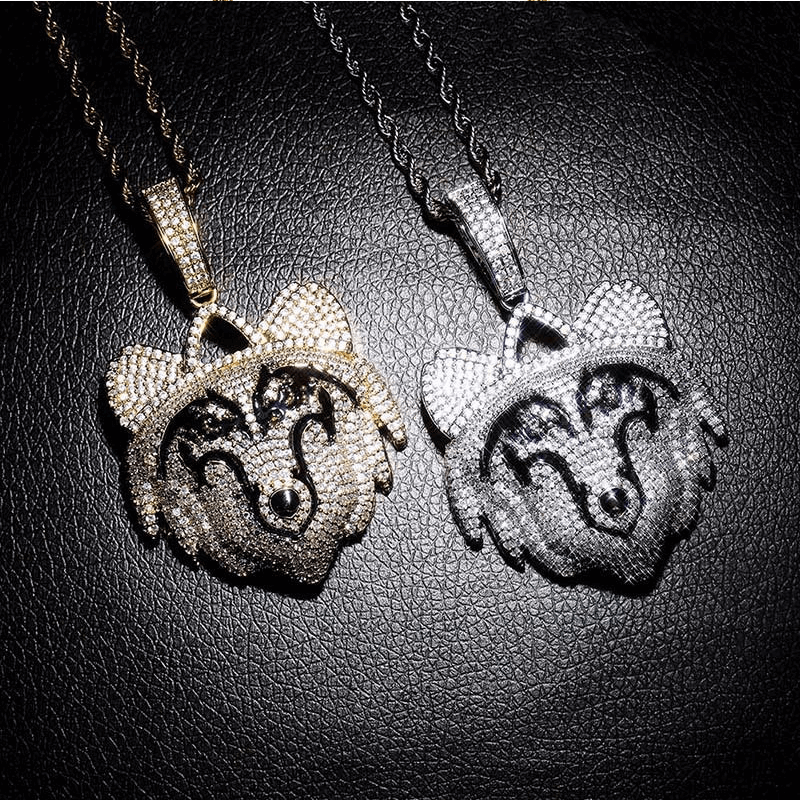 18K Gold Iced Wolf Pendant