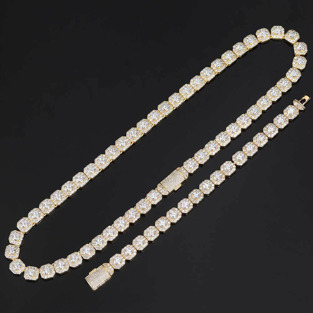 12MM 18K/White Gold Plated Hip Hop Tennis Chain and Bracelet Set