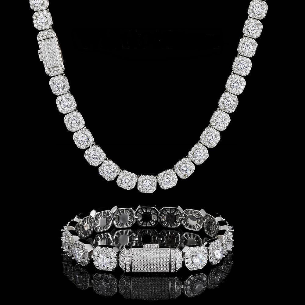 12MM 18K/White Gold Plated Hip Hop Tennis Chain and Bracelet Set