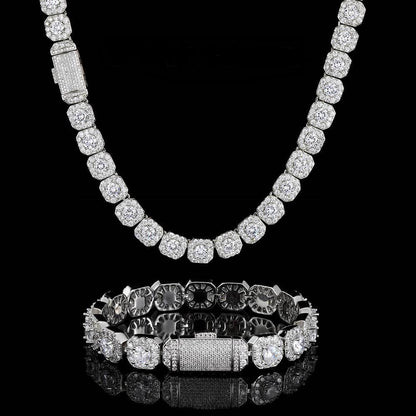 12MM 18K/White Gold Plated Hip Hop Tennis Chain and Bracelet Set